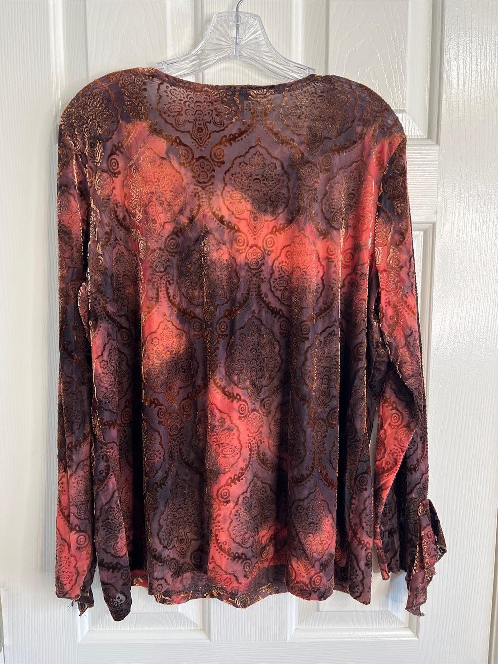Vintage velvet burnout ruffle long sleeve blouse tie dye autumn damask 2X - Picture 2 of 8